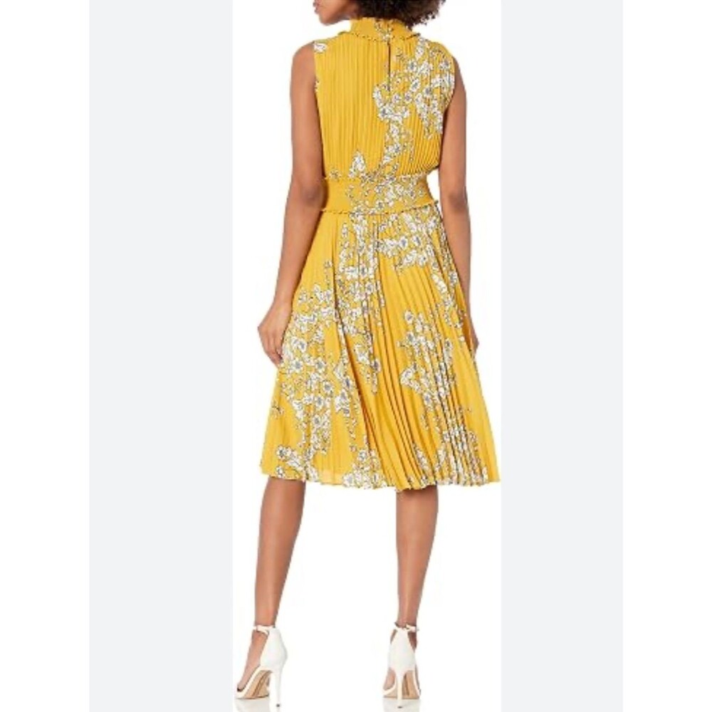 Nanette Lepore smocked high neck Sleeveless Mustard Floral Pleated Midi Dress 6 - Picture 2 of 12